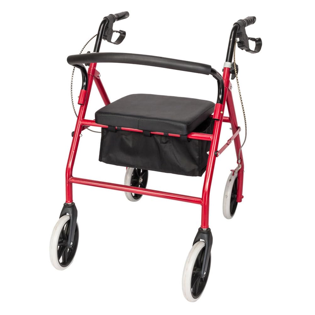 Lightweight Foldable Steel Rollator Walker with Seat, 8" Wheels, Red P69877