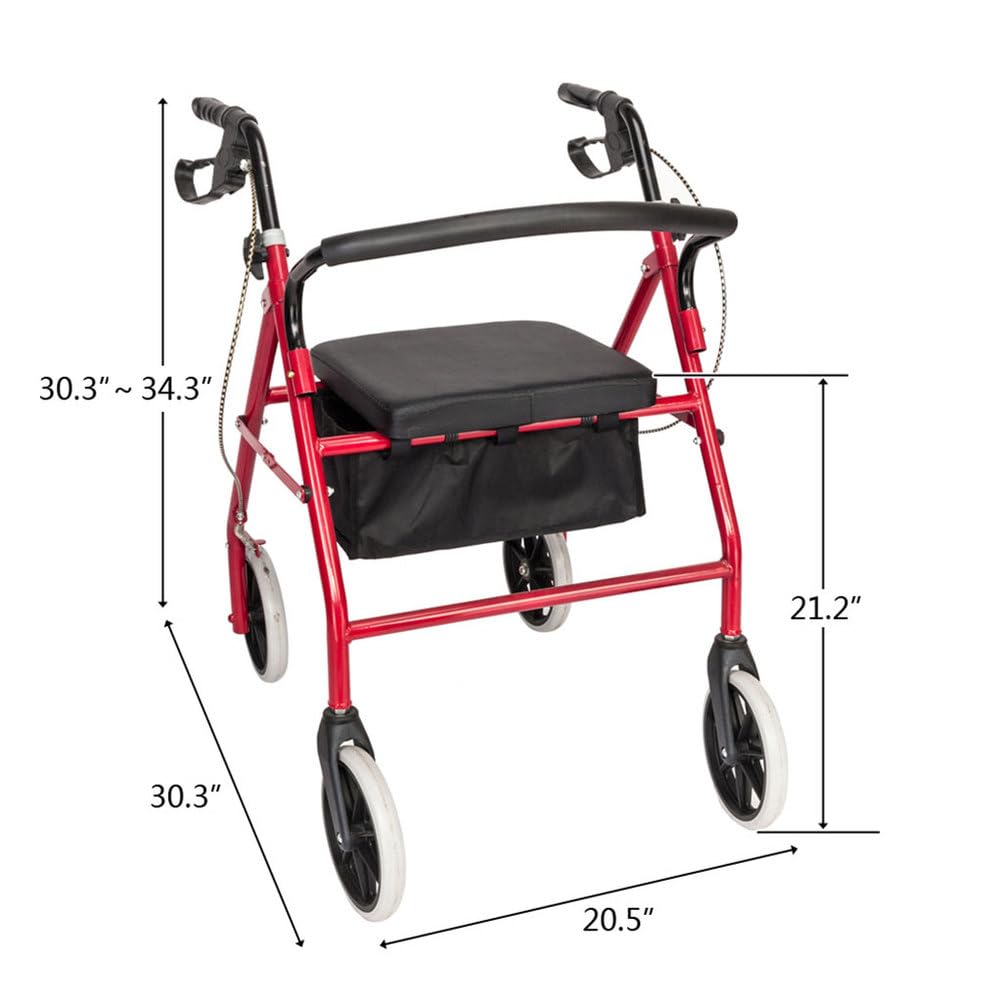 Lightweight Foldable Steel Rollator Walker with Seat, 8" Wheels, Red P69877