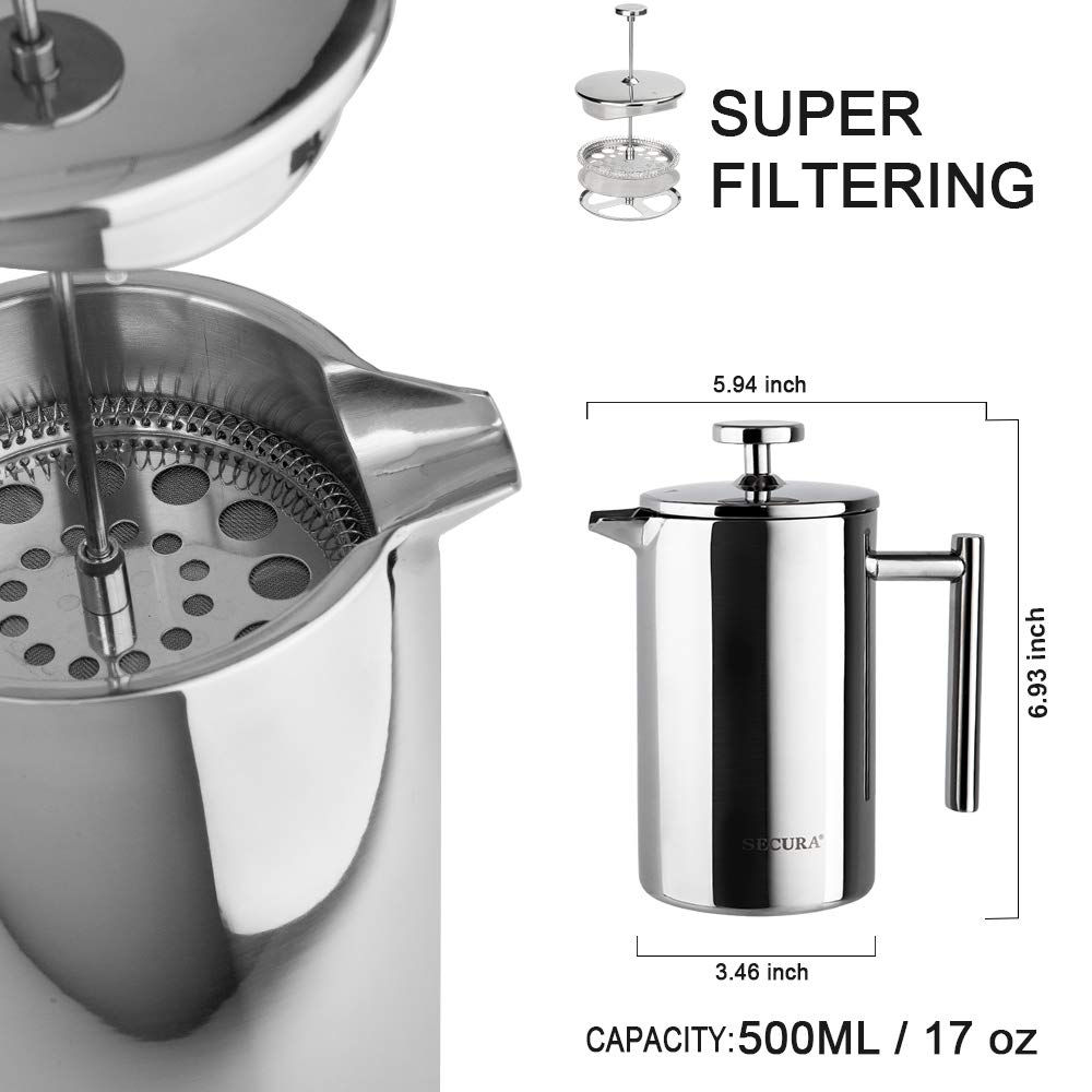 French Press Coffee Maker 304 Grade Stainless Steel Insulated 17oz O235390