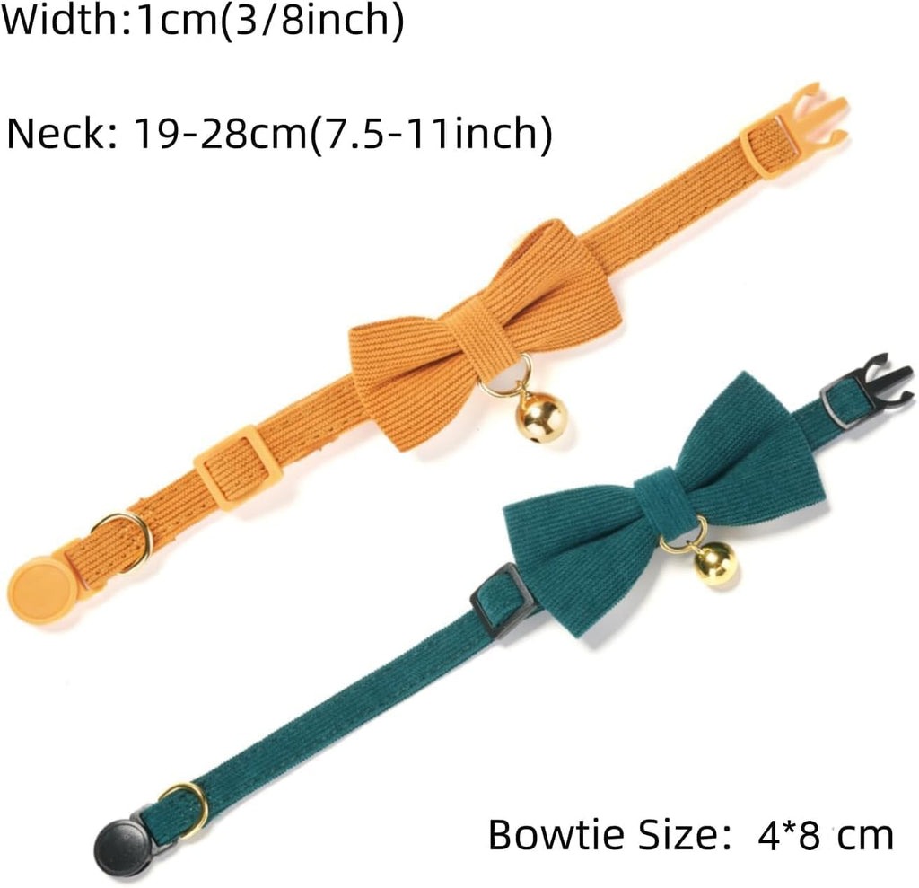 2 Pack Soft Corduroy Cat Collars with Bow Tie & Bell B845