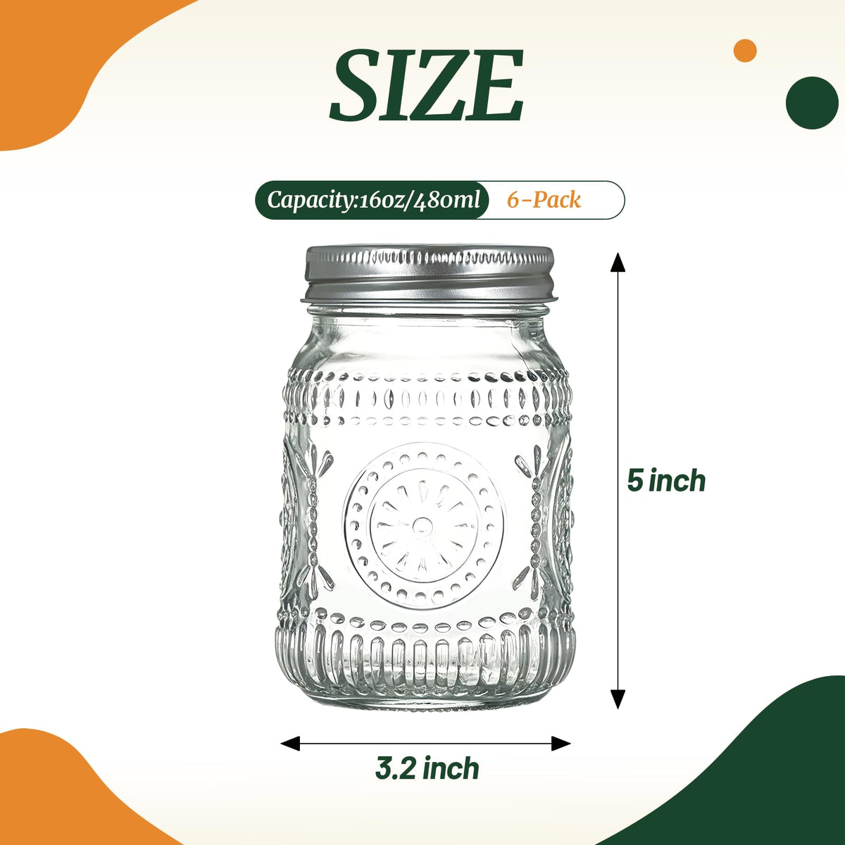 6-Pack Glass Mason Jars 16 oz Wide Mouth Canning Jars K818