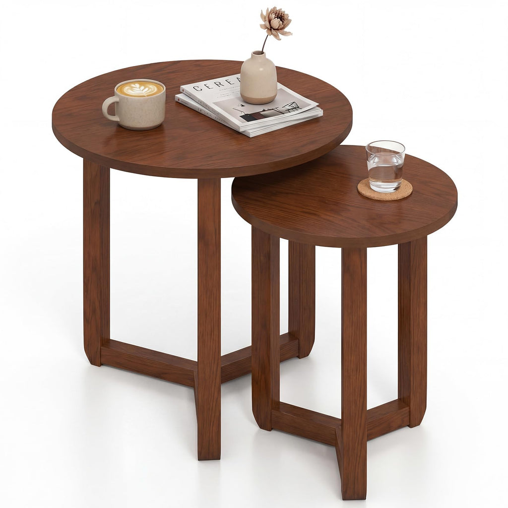 Round Nesting Coffee Table Set of 2 Wood Walnut Y249