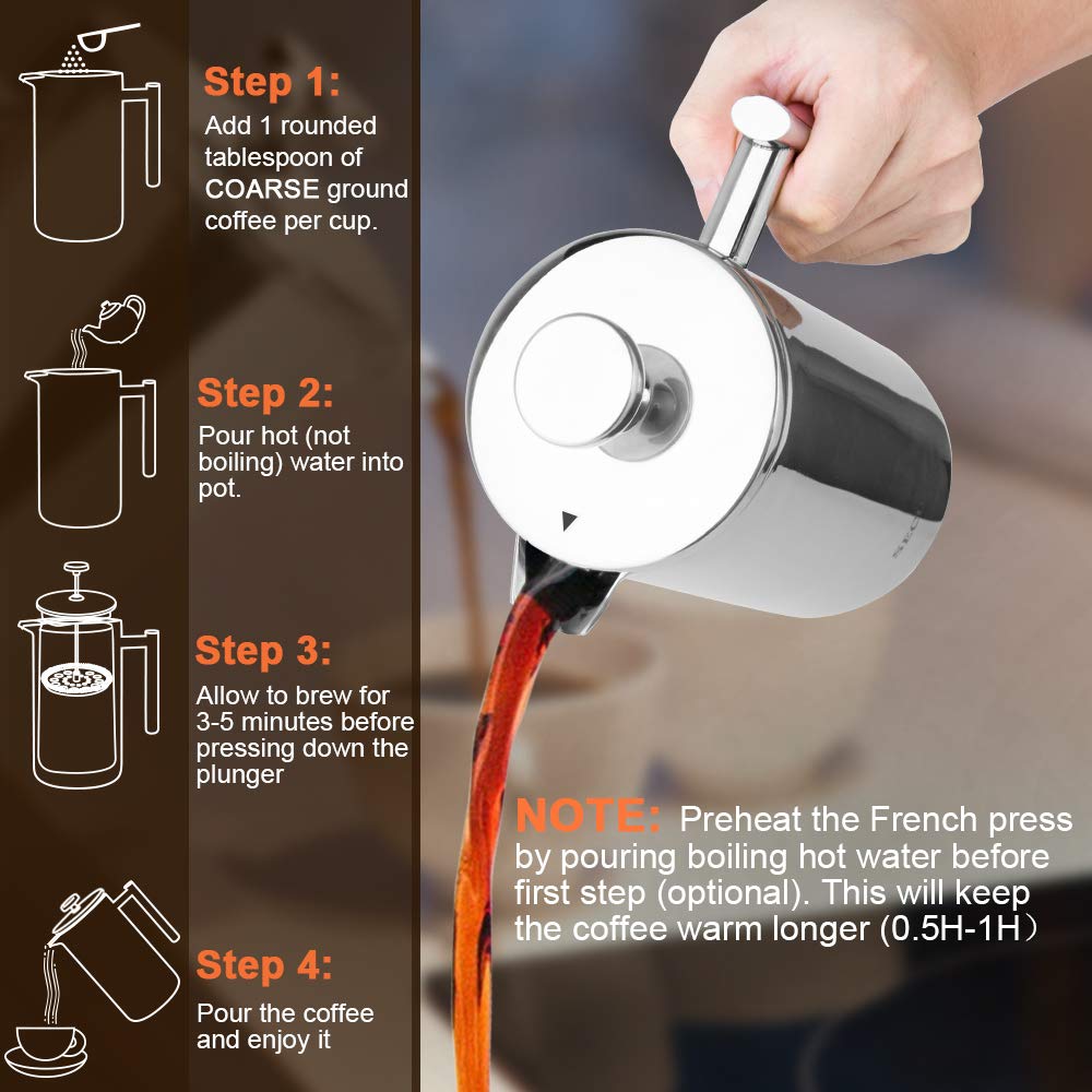 French Press Coffee Maker 304 Grade Stainless Steel Insulated 17oz O235390