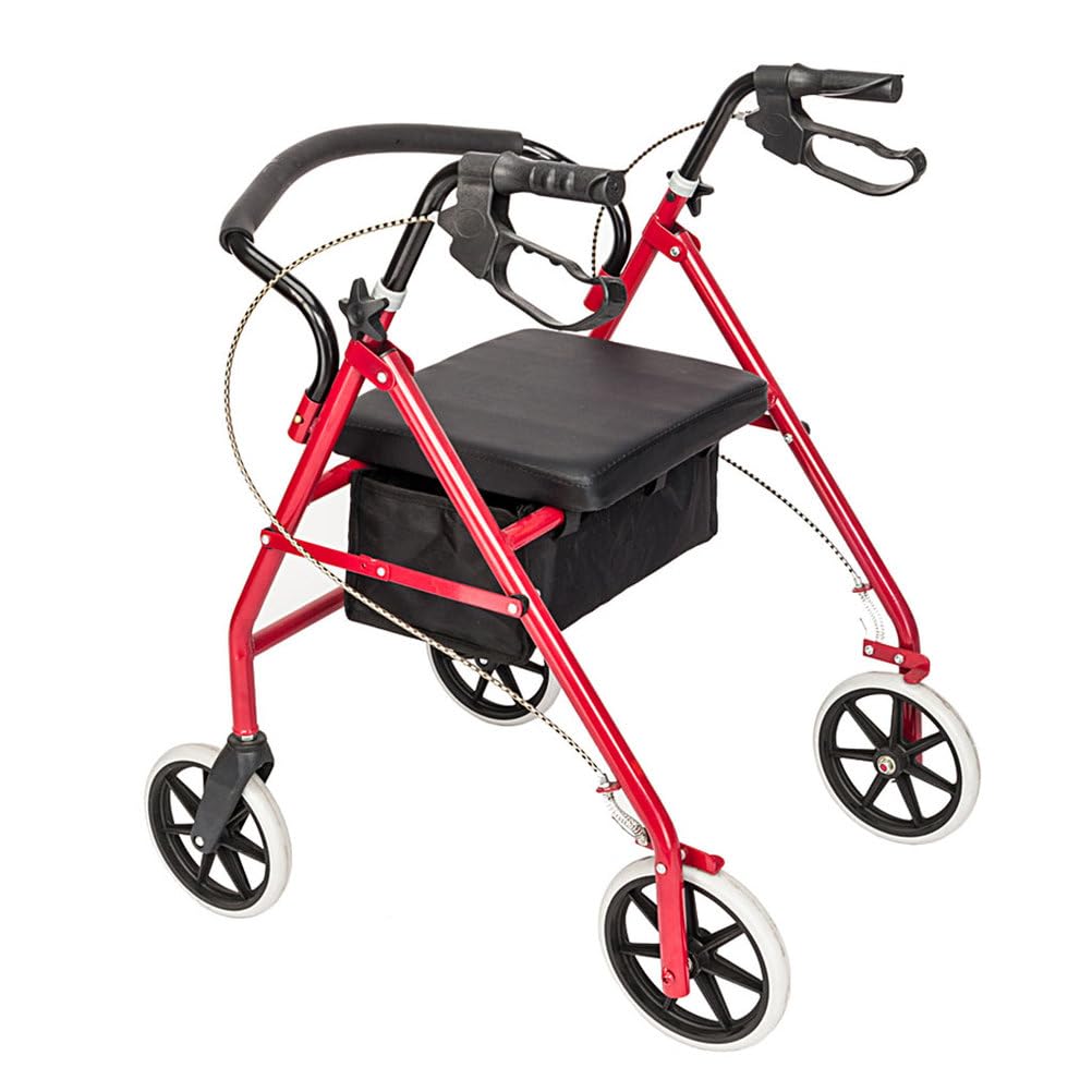 Lightweight Foldable Steel Rollator Walker with Seat, 8" Wheels, Red P69877