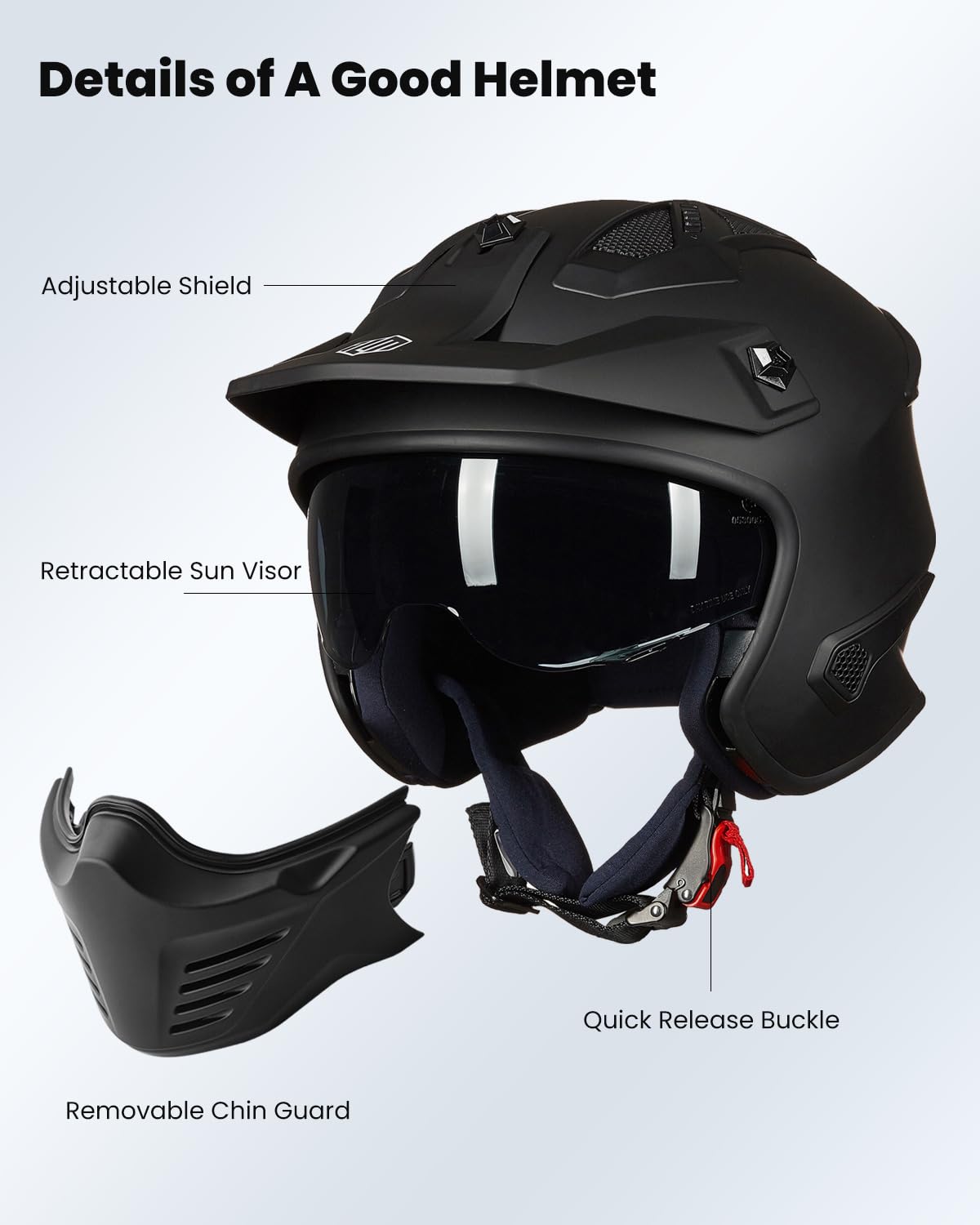 Open Face 3/4 Half Motorcycle Helmet DOT Matte Black M L882