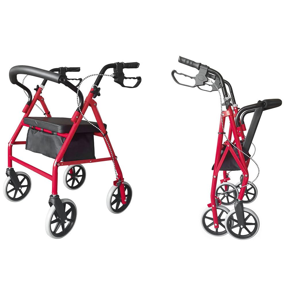 Lightweight Foldable Steel Rollator Walker with Seat, 8" Wheels, Red P69877