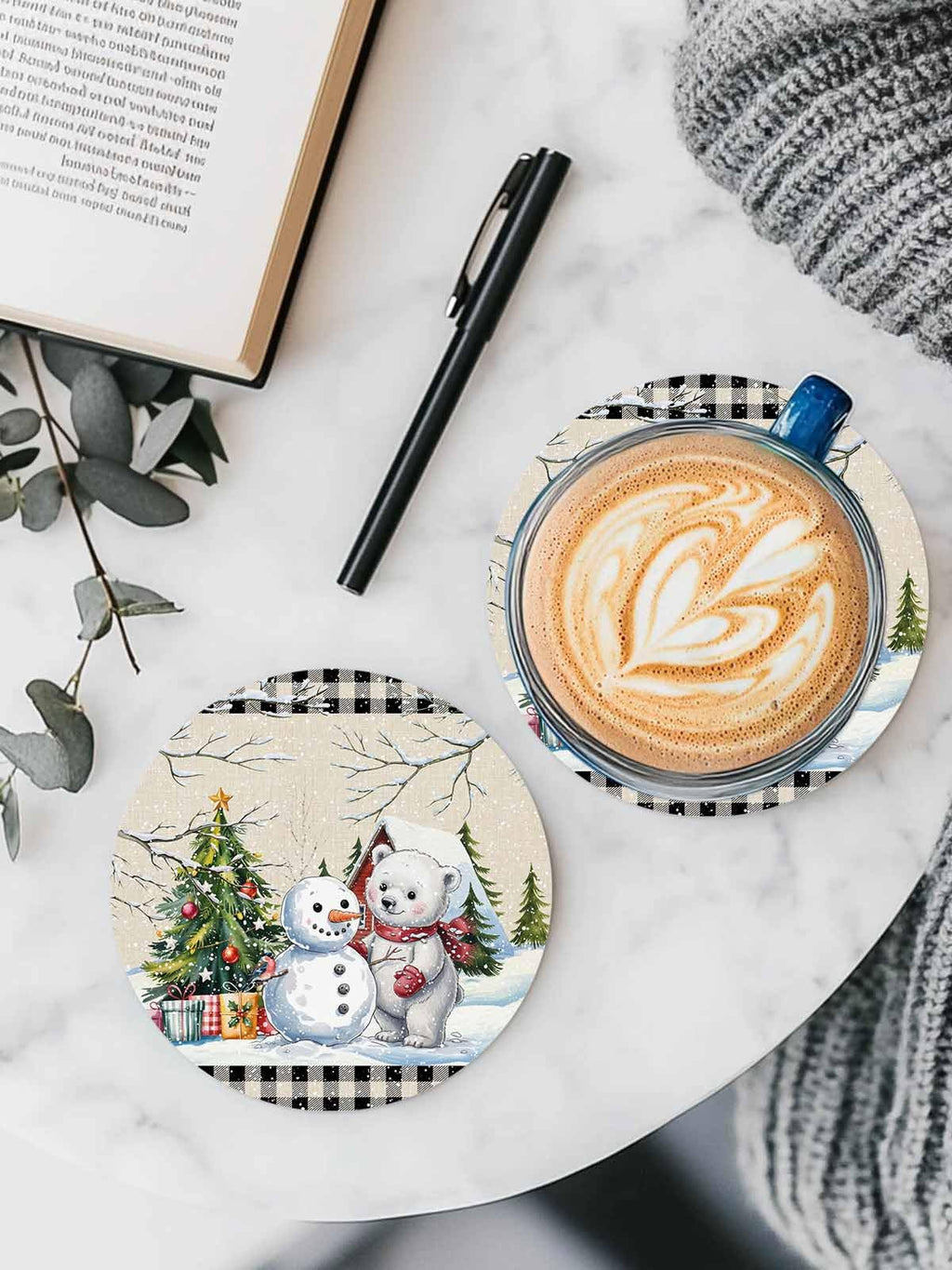 Set of 6 Christmas Coasters with Holder Absorbent Stone Ceramic N243356