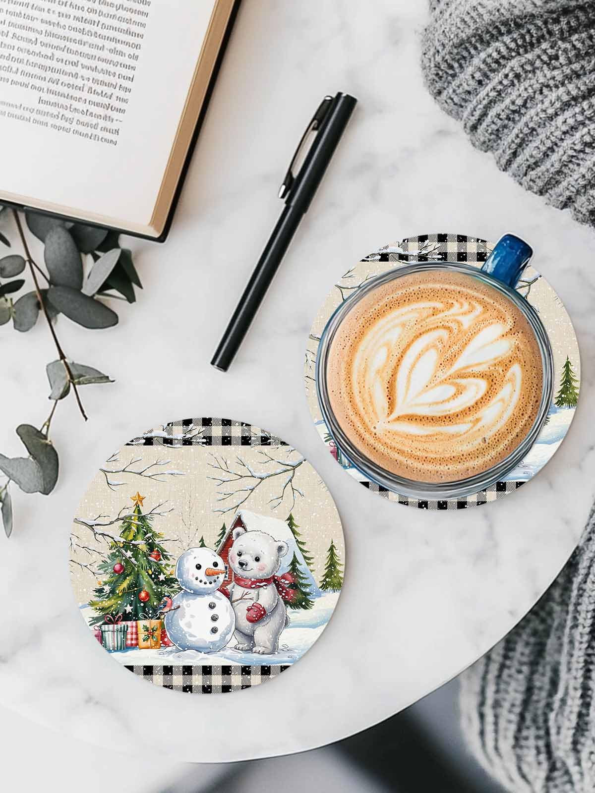 Set of 6 Christmas Coasters with Holder Absorbent Stone Ceramic N243356