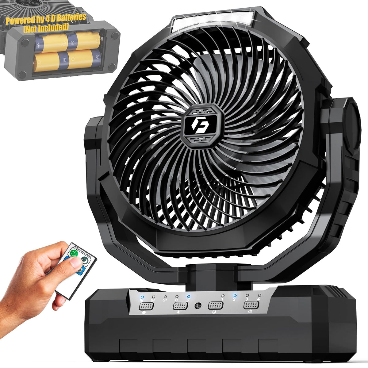 Battery Operated Portable Camping Fan with 4 Speeds, Light, Timer, Remote - Black A650