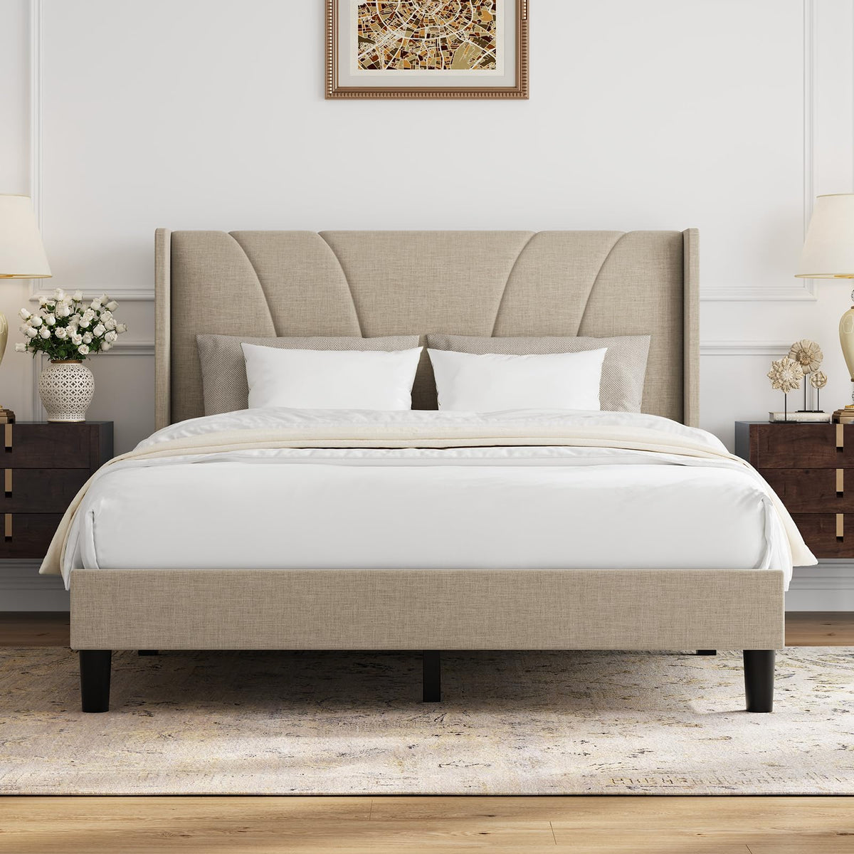 Queen Size Linen Upholstered Bed Frame with Headboard Q5725