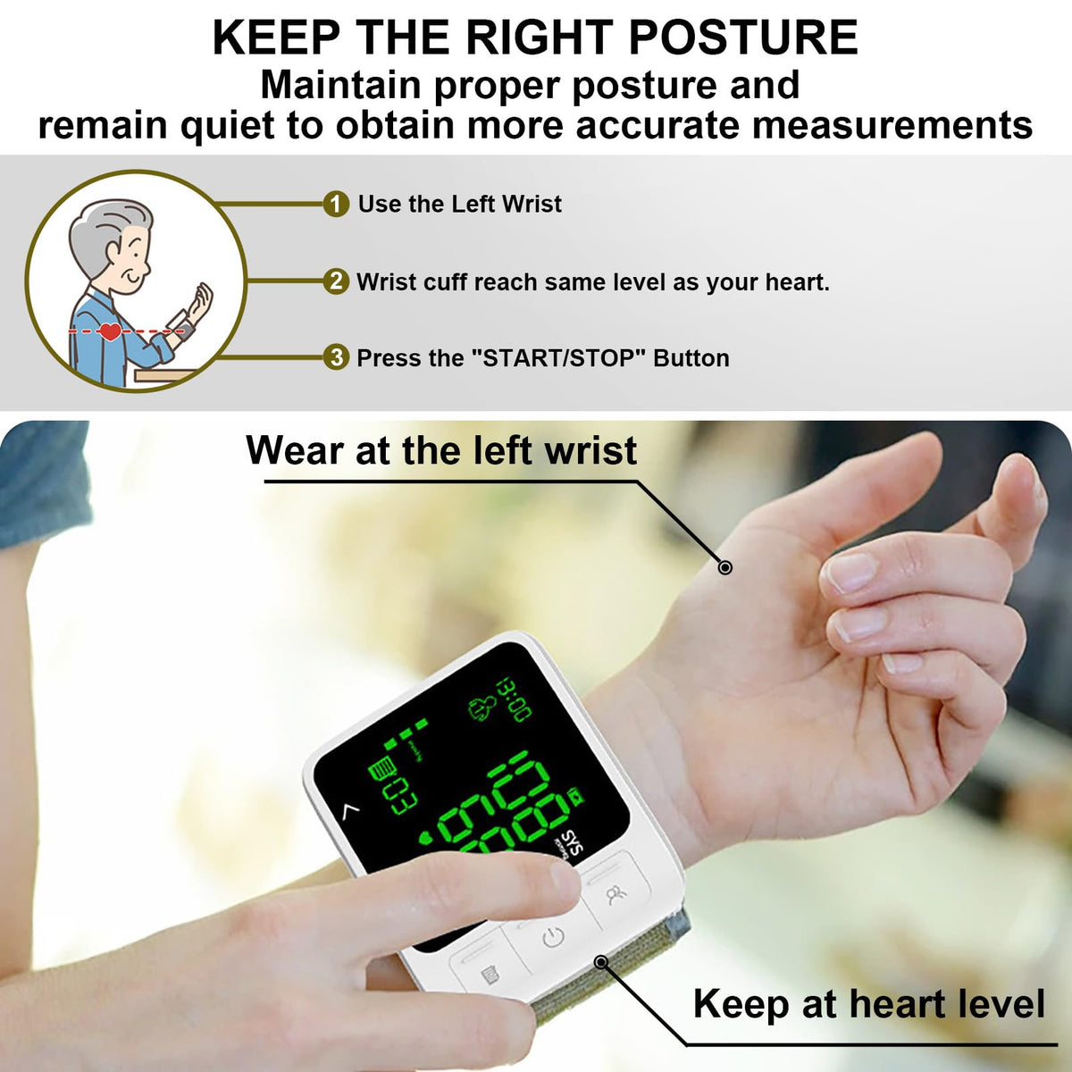 Wrist Blood Pressure Monitor with 2 Users Memory LCD Display H558