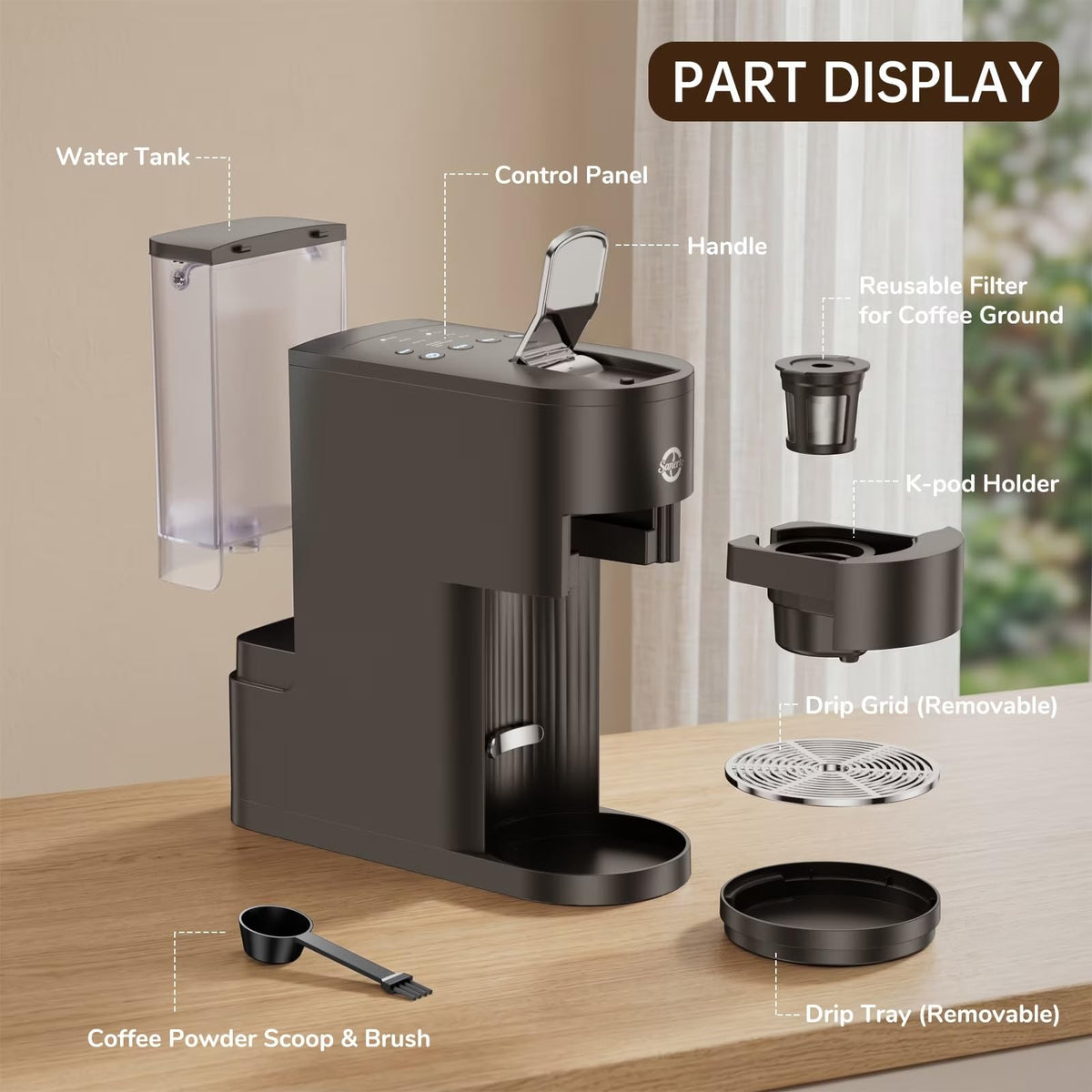 Single Serve Coffee Maker with K Cup Capsules & Grounds, Black Z48640