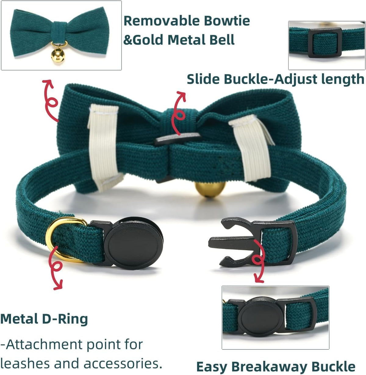 2 Pack Soft Corduroy Cat Collars with Bow Tie & Bell B845