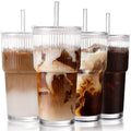 20oz Ribbed Iced Coffee Cups with Lids, 4 Pcs Glass Tumblers K670357
