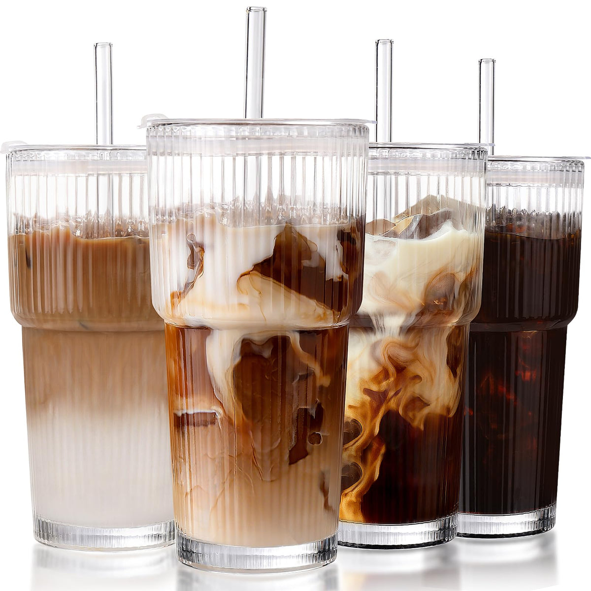 20oz Ribbed Iced Coffee Cups with Lids, 4 Pcs Glass Tumblers K670357