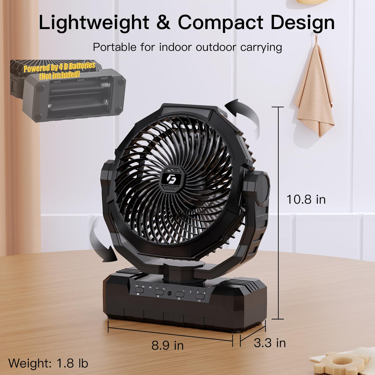 Battery Operated Portable Camping Fan with 4 Speeds, Light, Timer, Remote - Black A650