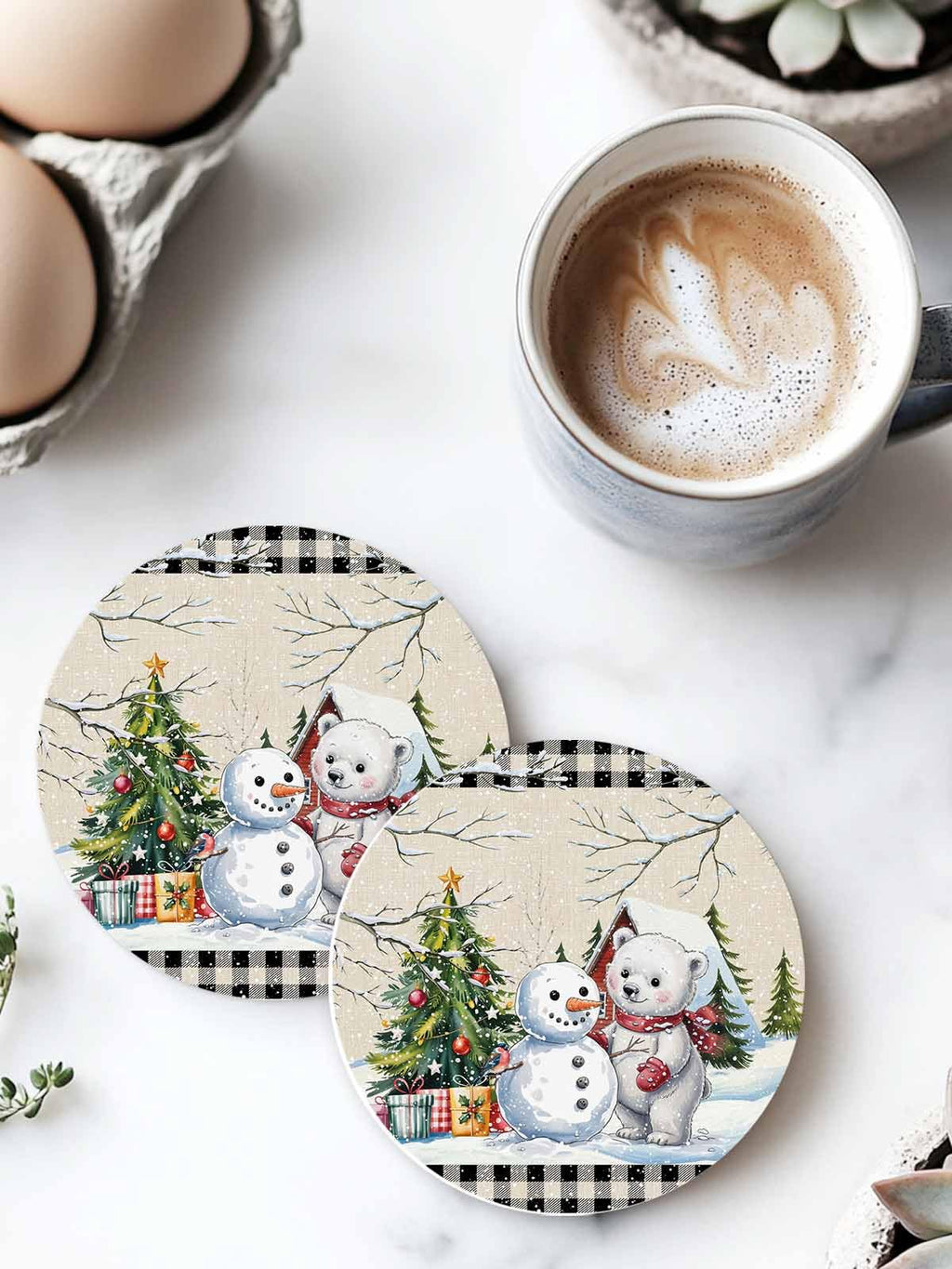 Set of 6 Christmas Coasters with Holder Absorbent Stone Ceramic N243356