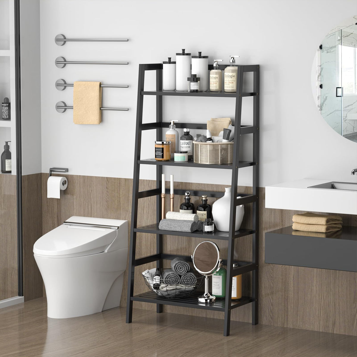 Black 4-Tier Bamboo Ladder Shelf A2122
