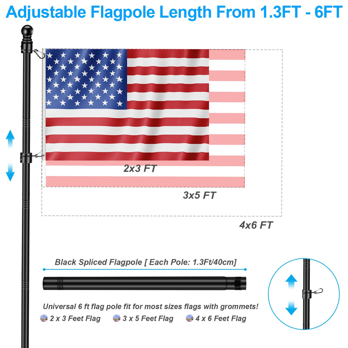 6 FT Black Metal Flagpole Kit and 1" Flag Pole Holder R4951