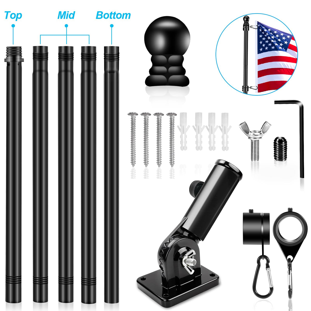 6 FT Black Metal Flagpole Kit and 1" Flag Pole Holder R4951