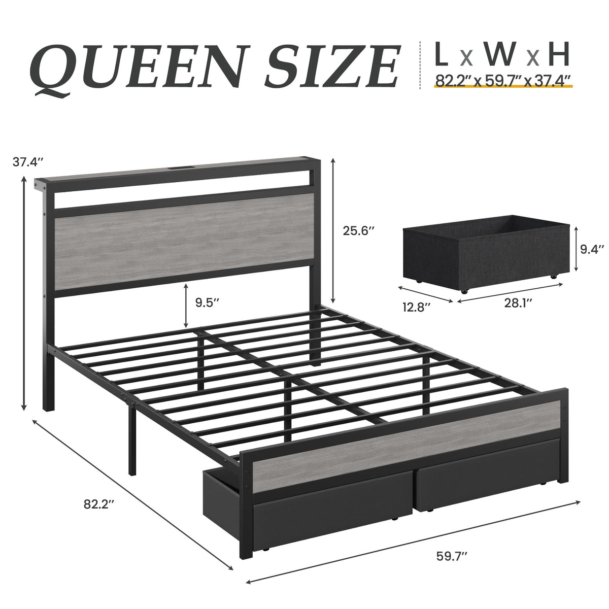 Queen Size Storage Bed Frame with Wood Headboard and LED Lights C514