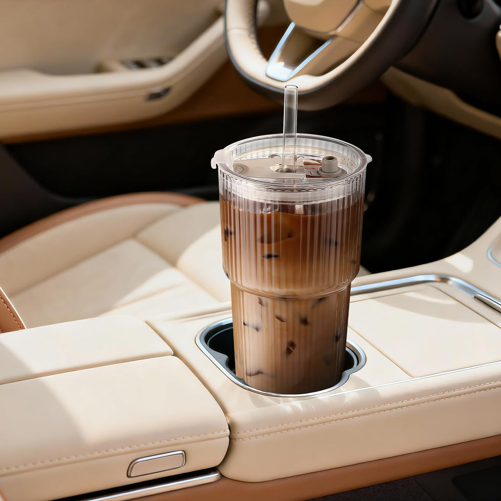 20oz Ribbed Iced Coffee Cups with Lids, 4 Pcs Glass Tumblers K670357