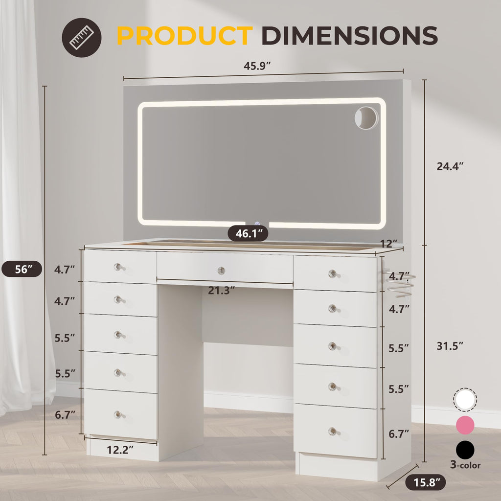46" White Makeup Vanity Desk with Mirror and Lights P43263