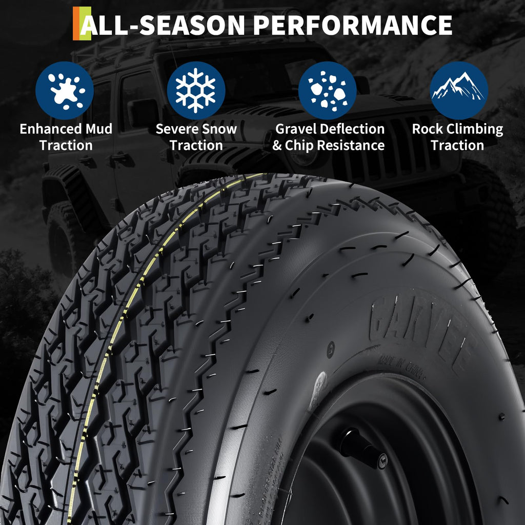 Set of 2 5.30-12 Trailer Tires with 12" Black Rims, 4 Lug on 4" Bolt Pattern, Load Range C 6PR Y704