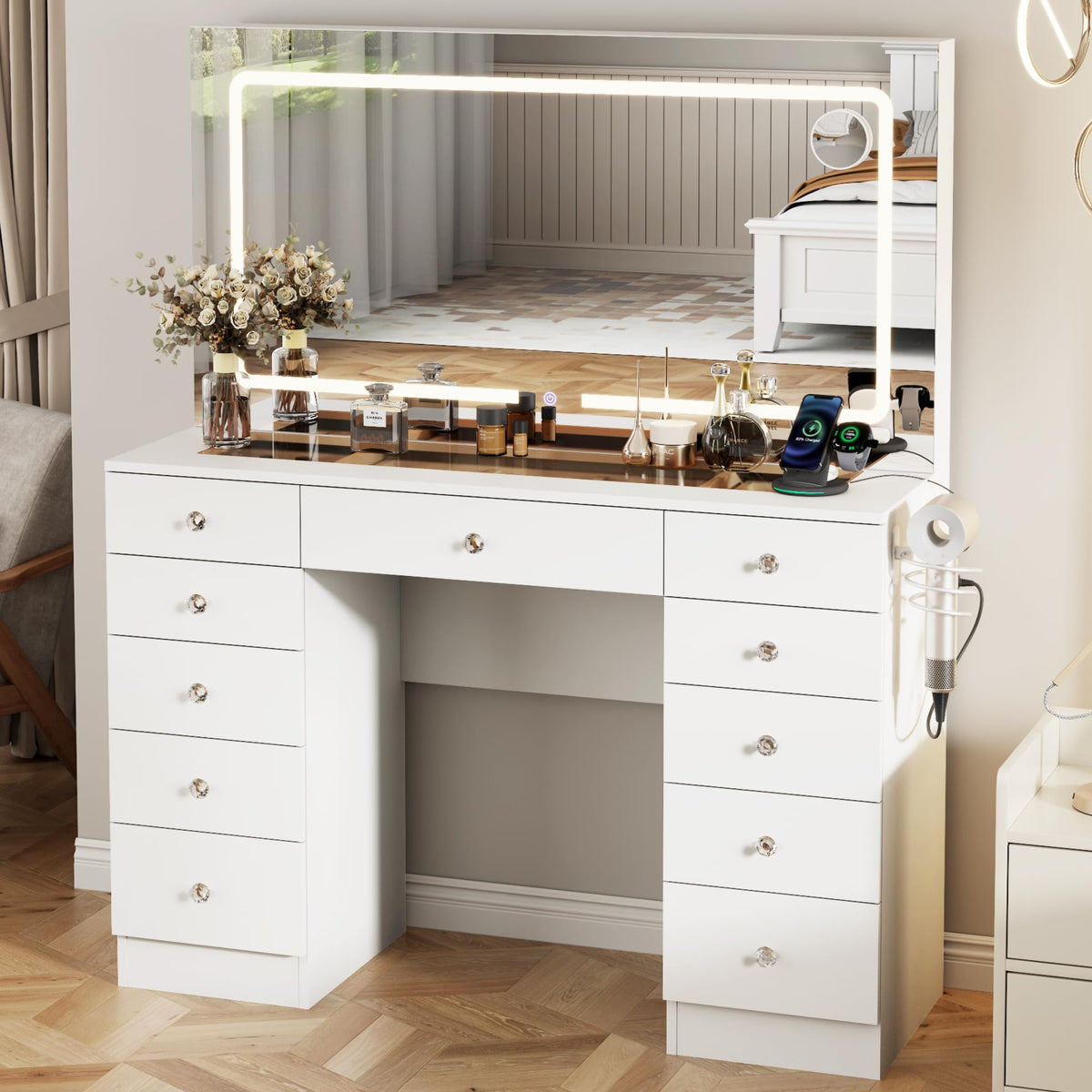 46" White Makeup Vanity Desk with Mirror and Lights P43263