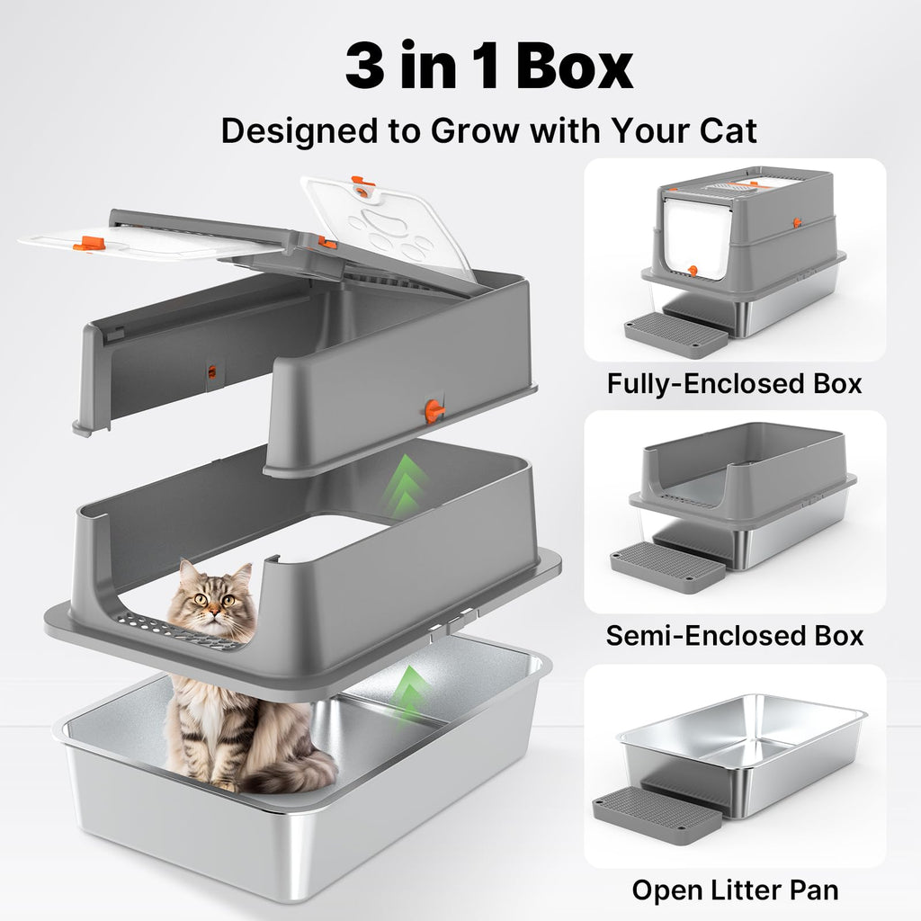 XL Stainless Steel Enclosed Cat Litter Box with Flip Lid R838151