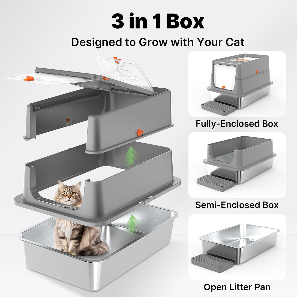 XL Stainless Steel Enclosed Cat Litter Box with Flip Lid R838151