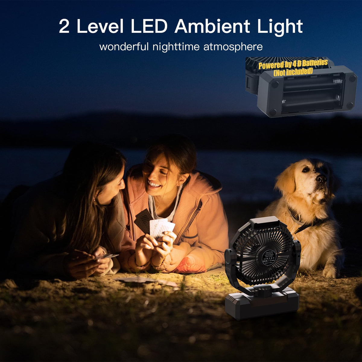 Battery Operated Portable Camping Fan with 4 Speeds, Light, Timer, Remote - Black A650