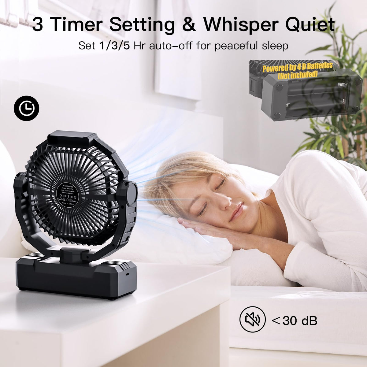 Battery Operated Portable Camping Fan with 4 Speeds, Light, Timer, Remote - Black A650