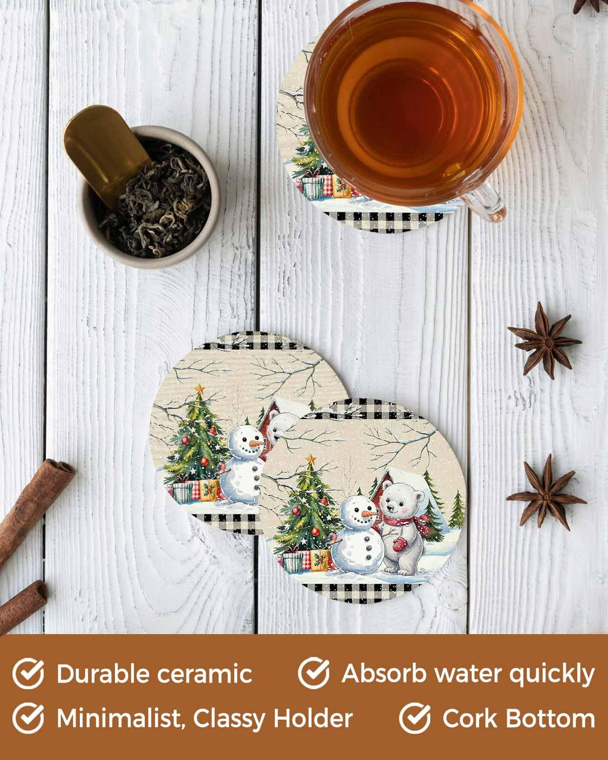Set of 6 Christmas Coasters with Holder Absorbent Stone Ceramic N243356