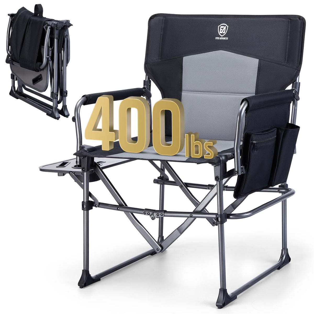Portable Folding Camping Chair with Side Table, Black W8681