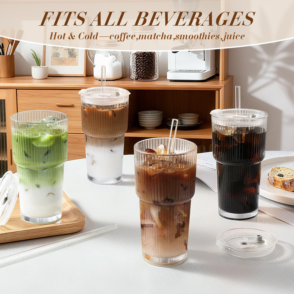 20oz Ribbed Iced Coffee Cups with Lids, 4 Pcs Glass Tumblers K670357