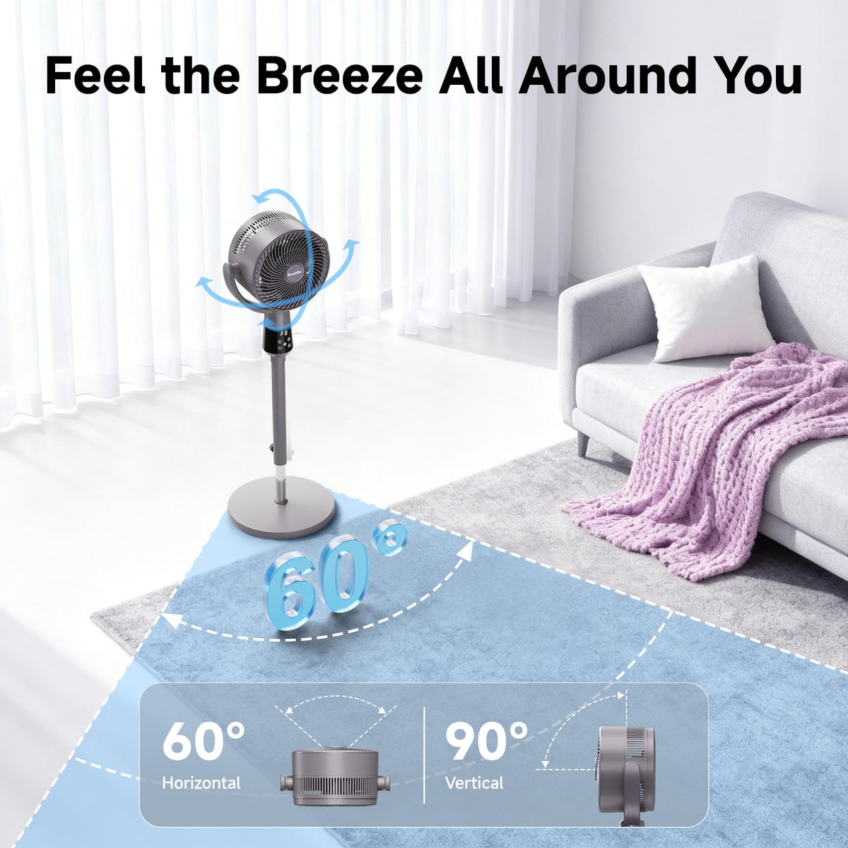Oscillating Pedestal Fan, 25dB Standing Fan with 8 Speeds, 12H Timer, 36-45'' Adjustable Height, Remote Control E24703