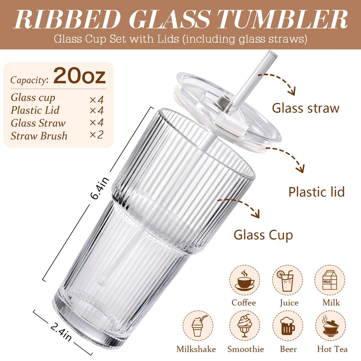 20oz Ribbed Iced Coffee Cups with Lids, 4 Pcs Glass Tumblers K670357