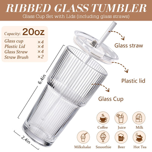 20oz Ribbed Iced Coffee Cups with Lids, 4 Pcs Glass Tumblers K670357