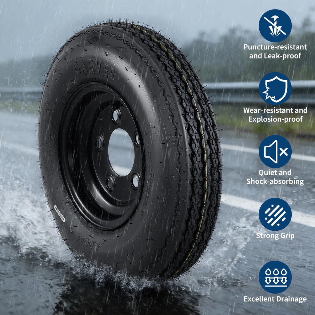 Set of 2 5.30-12 Trailer Tires with 12" Black Rims, 4 Lug on 4" Bolt Pattern, Load Range C 6PR Y704