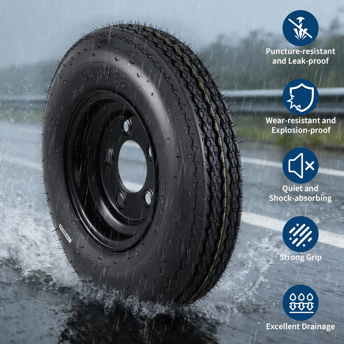 Set of 2 5.30-12 Trailer Tires with 12" Black Rims, 4 Lug on 4" Bolt Pattern, Load Range C 6PR Y704