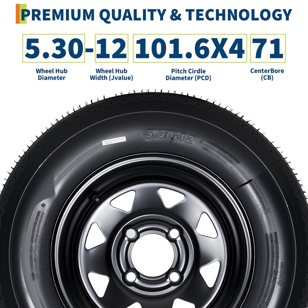 Set of 2 5.30-12 Trailer Tires with 12" Black Rims, 4 Lug on 4" Bolt Pattern, Load Range C 6PR Y704