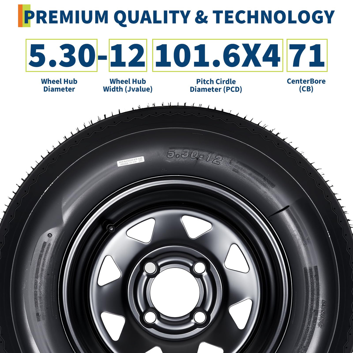 Set of 2 5.30-12 Trailer Tires with 12" Black Rims, 4 Lug on 4" Bolt Pattern, Load Range C 6PR Y704