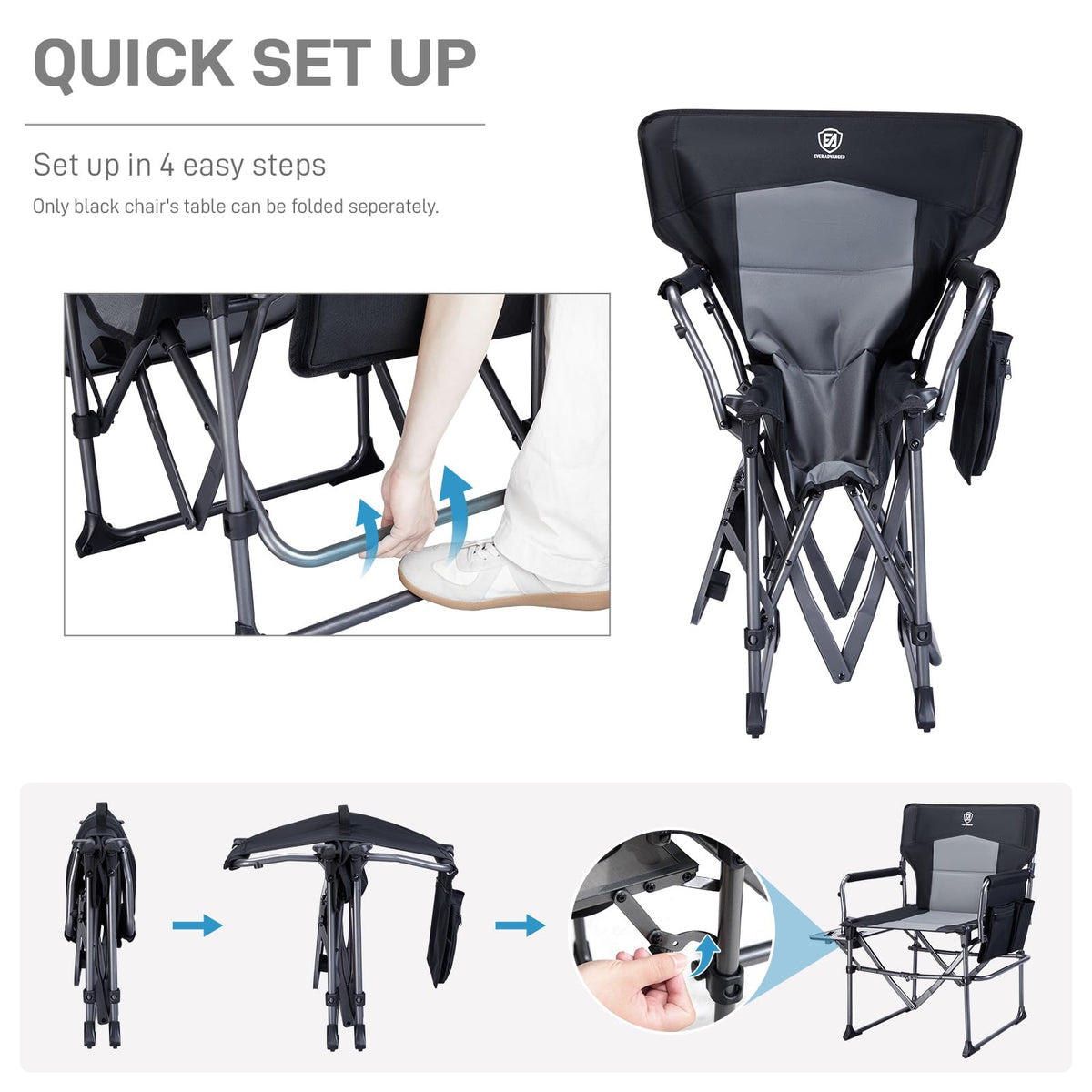 Portable Folding Camping Chair with Side Table, Black W8681