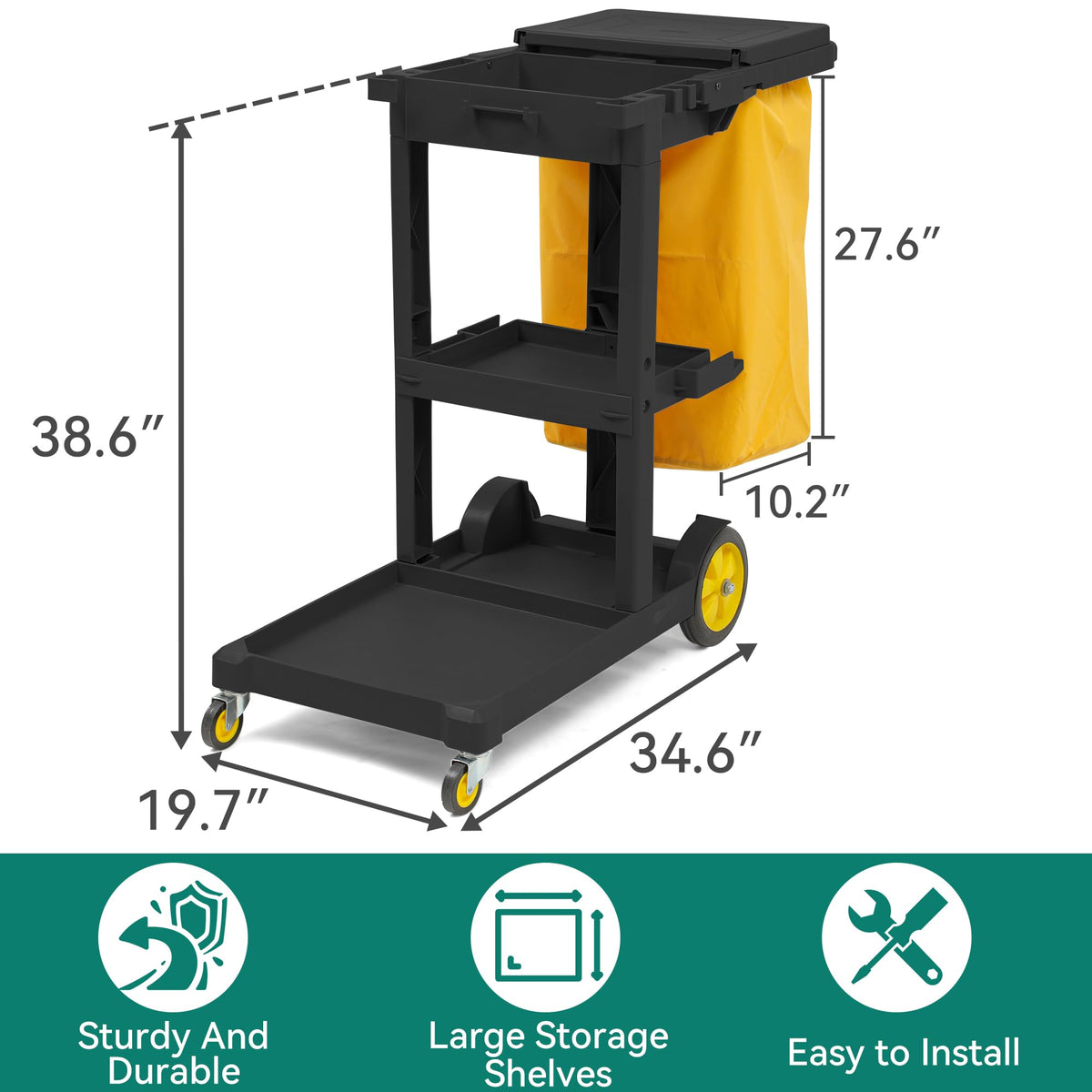 Black 3-Shelf Cleaning Cart on Wheels O89783