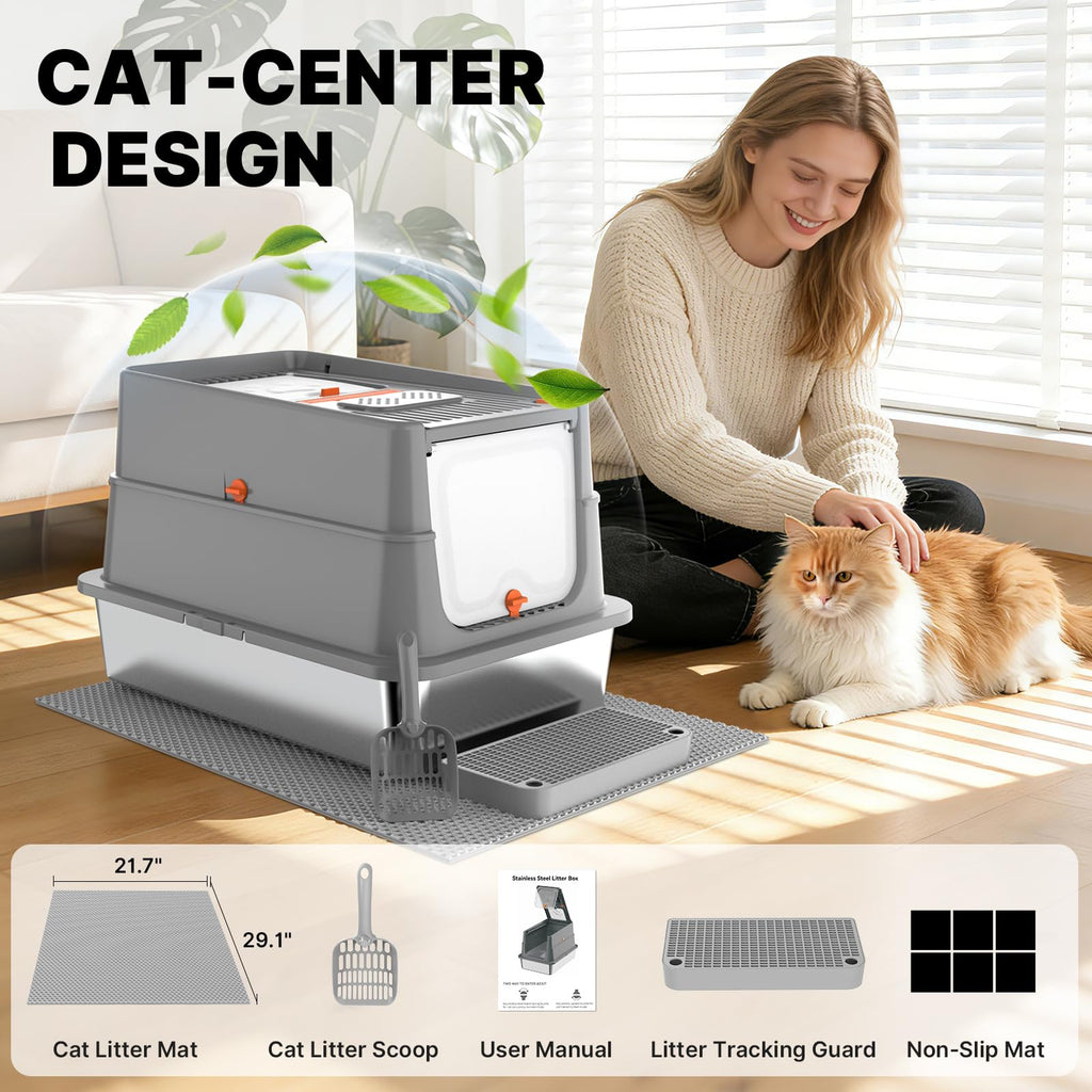 XL Stainless Steel Enclosed Cat Litter Box with Flip Lid R838151