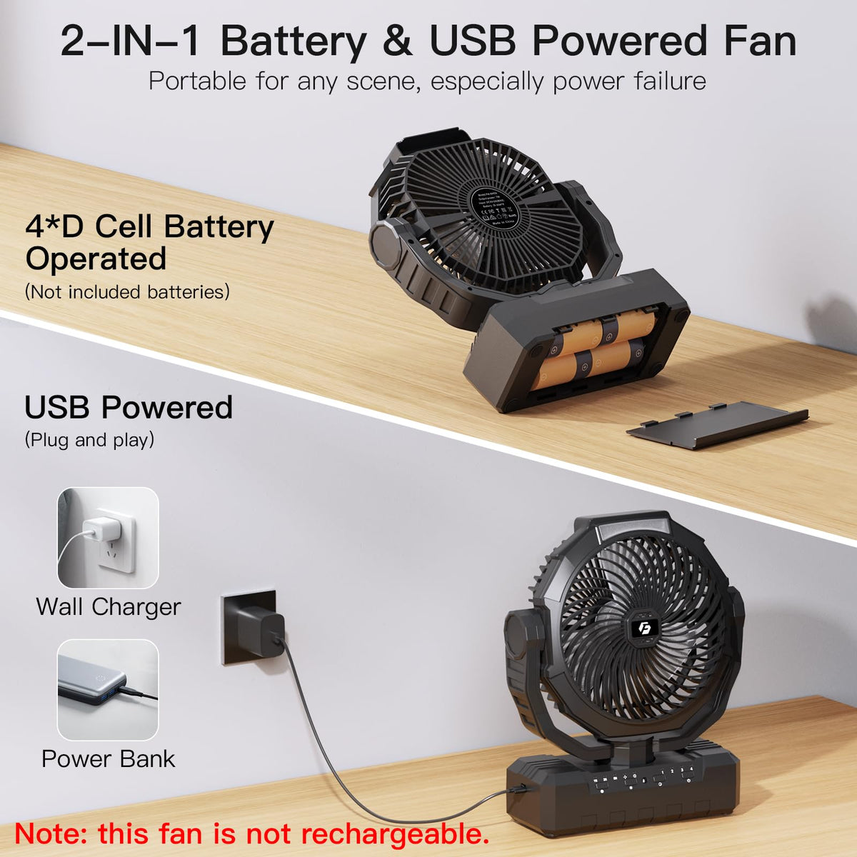 Battery Operated Portable Camping Fan with 4 Speeds, Light, Timer, Remote - Black A650