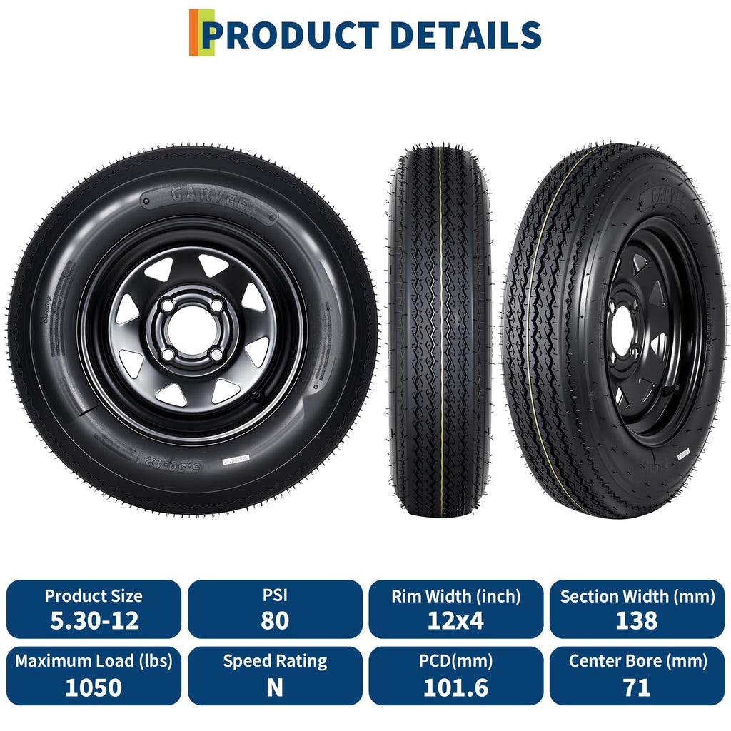 Set of 2 5.30-12 Trailer Tires with 12" Black Rims, 4 Lug on 4" Bolt Pattern, Load Range C 6PR Y704