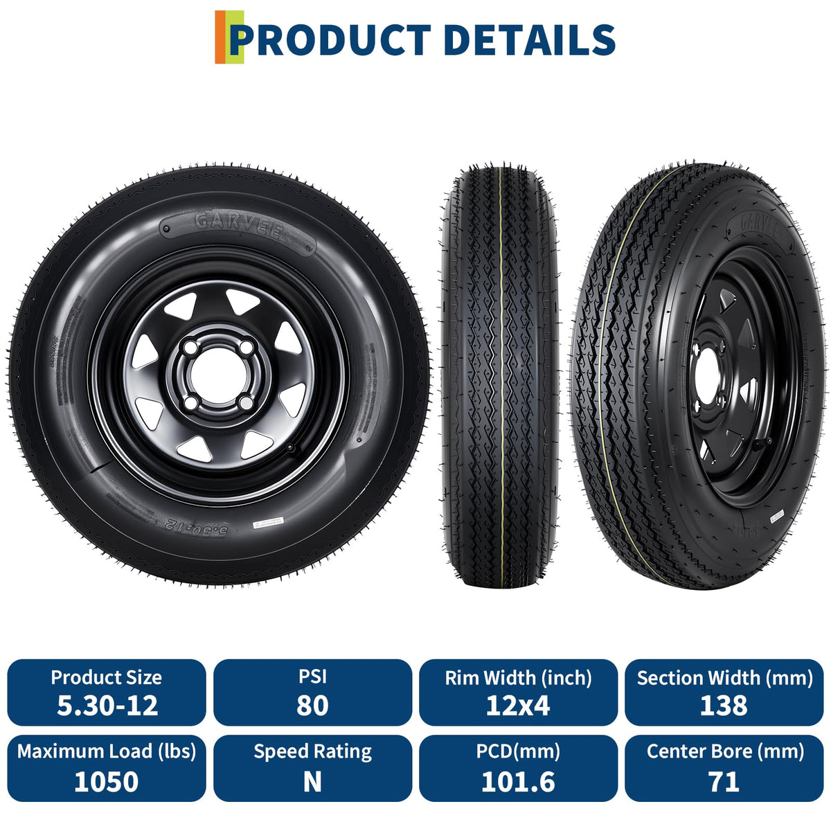 Set of 2 5.30-12 Trailer Tires with 12" Black Rims, 4 Lug on 4" Bolt Pattern, Load Range C 6PR Y704