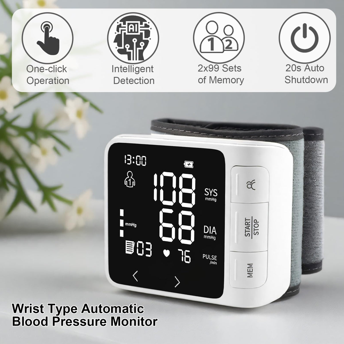 Wrist Blood Pressure Monitor with 2 Users Memory LCD Display H558